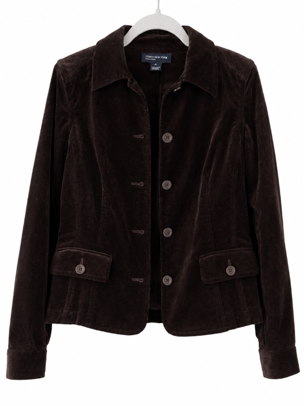 Jones New York Chocolate Brown Velvet Button Up Blazer Jacket Size